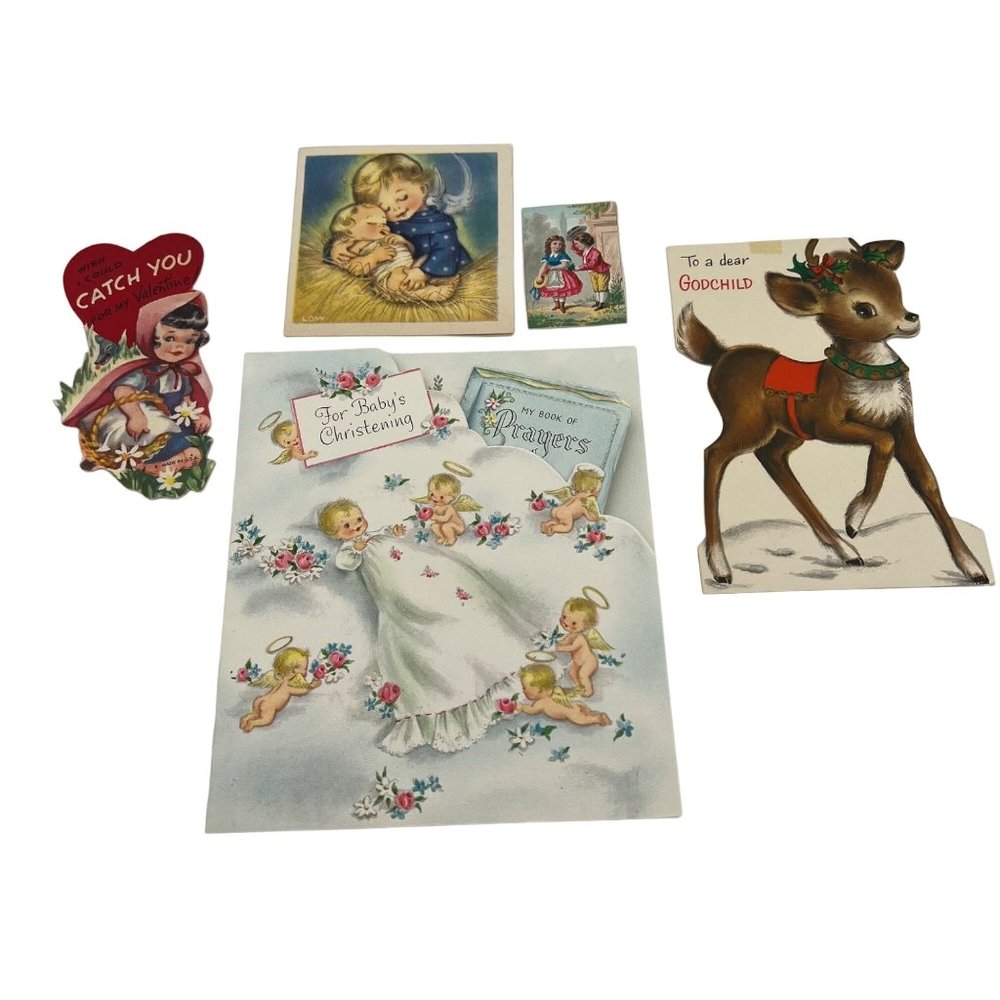 Lot of 5 Vintage Ephemera Items Christmas Card Babys Christening Valentines